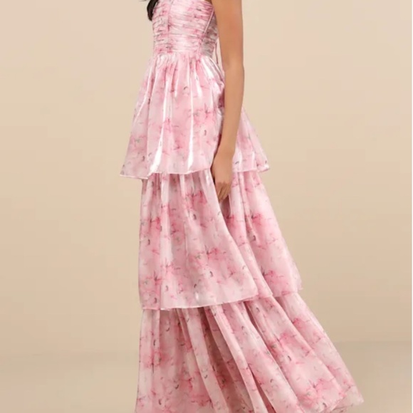 Lulus Kamella Light Pink Floral Pleated Strapless Tiered Maxi Dress - Size S - Picture 3 of 4